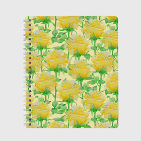 Тетрадь с принтом Желтые розы на желтом фоне в Курске, 100% бумага | 48 листов, плотность листов — 60 г/м2, плотность картонной обложки — 250 г/м2. Листы скреплены сбоку удобной пружинной спиралью. Уголки страниц и обложки скругленные. Цвет линий — светло-серый
 | 8 марта | flowers | summer | ботаническая иллюстрация | весна | желтый | зеленый | лето | листья | любовь | праздник | принт | природа | растения | розы | цветы