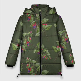 Женская зимняя куртка 3D с принтом Ветки фуксии на темно зеленом в Курске, верх — 100% полиэстер; подкладка — 100% полиэстер; утеплитель — 100% полиэстер | длина ниже бедра, силуэт Оверсайз. Есть воротник-стойка, отстегивающийся капюшон и ветрозащитная планка. 

Боковые карманы с листочкой на кнопках и внутренний карман на молнии | Тематика изображения на принте: 8 марта | flowers | summer | ботаническая иллюстрация | весна | зеленый | лето | листья | любовь | оливковый | праздник | принт | природа | растения | розовый | фиолетовый | фуксия | цветы