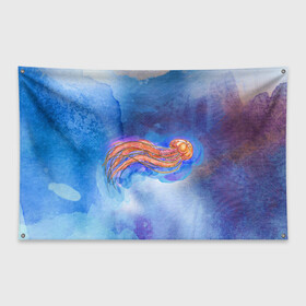 Флаг-баннер с принтом Медуза акварелью в Курске, 100% полиэстер | размер 67 х 109 см, плотность ткани — 95 г/м2; по краям флага есть четыре люверса для крепления | акварель | медуза | море | морская | океан | оранжевый | рисунок | синий