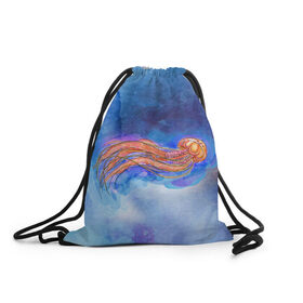 Рюкзак-мешок 3D с принтом Медуза акварелью в Курске, 100% полиэстер | плотность ткани — 200 г/м2, размер — 35 х 45 см; лямки — толстые шнурки, застежка на шнуровке, без карманов и подкладки | акварель | медуза | море | морская | океан | оранжевый | рисунок | синий