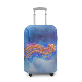 Чехол для чемодана 3D с принтом Медуза акварелью в Курске, 86% полиэфир, 14% спандекс | двустороннее нанесение принта, прорези для ручек и колес | акварель | медуза | море | морская | океан | оранжевый | рисунок | синий