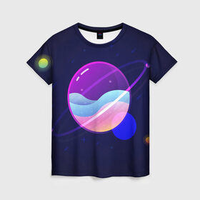 Женская футболка 3D с принтом Солнечная система в Курске, 100% полиэфир ( синтетическое хлопкоподобное полотно) | прямой крой, круглый вырез горловины, длина до линии бедер | 