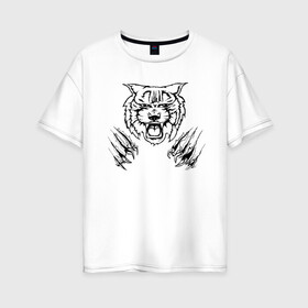 Женская футболка хлопок Oversize с принтом Дикая кошка в Курске, 100% хлопок | свободный крой, круглый ворот, спущенный рукав, длина до линии бедер
 | animal | cat | lion | tiger | голова | животное | животные | зверь | киса | клыки | когти | кошка | лев | тигр | хищник