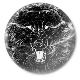 Значок с принтом Canis Inferos в Курске,  металл | круглая форма, металлическая застежка в виде булавки | Тематика изображения на принте: адская гончая | венок | волк | дым | злой | оскал | фазы луны
