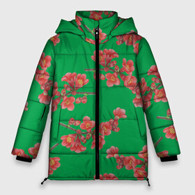 Женская зимняя куртка 3D с принтом Цветы айвы на зеленом фоне в Курске, верх — 100% полиэстер; подкладка — 100% полиэстер; утеплитель — 100% полиэстер | длина ниже бедра, силуэт Оверсайз. Есть воротник-стойка, отстегивающийся капюшон и ветрозащитная планка. 

Боковые карманы с листочкой на кнопках и внутренний карман на молнии | 8 марта | flowers | summer | айва | ботаническая иллюстрация | весна | ветки | зеленый | коричневый | красный | лето | любовь | праздник | принт | природа | растения | цветы