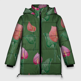 Женская зимняя куртка 3D с принтом Антуриумы на зеленом фоне в Курске, верх — 100% полиэстер; подкладка — 100% полиэстер; утеплитель — 100% полиэстер | длина ниже бедра, силуэт Оверсайз. Есть воротник-стойка, отстегивающийся капюшон и ветрозащитная планка. 

Боковые карманы с листочкой на кнопках и внутренний карман на молнии | 8 марта | flowers | summer | антуриумы | ботаническая иллюстрация | весна | зеленый | красный | лето | любовь | праздник | принт | природа | растения | розовый | цветы
