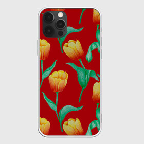 Чехол для iPhone 12 Pro Max с принтом Тюльпаны на красном фоне в Курске, Силикон |  | 8 марта | flowers | summer | ботаническая иллюстрация | весна | желтый | зеленый | красный | лето | любовь | праздник | принт | природа | растения | тюльпаны | цветы