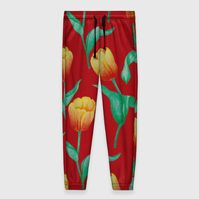 Женские брюки 3D с принтом Тюльпаны на красном фоне в Курске, полиэстер 100% | прямой крой, два кармана без застежек по бокам, с мягкой трикотажной резинкой на поясе и по низу штанин. В поясе для дополнительного комфорта — широкие завязки | 8 марта | flowers | summer | ботаническая иллюстрация | весна | желтый | зеленый | красный | лето | любовь | праздник | принт | природа | растения | тюльпаны | цветы