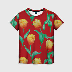 Женская футболка 3D с принтом Тюльпаны на красном фоне в Курске, 100% полиэфир ( синтетическое хлопкоподобное полотно) | прямой крой, круглый вырез горловины, длина до линии бедер | Тематика изображения на принте: 8 марта | flowers | summer | ботаническая иллюстрация | весна | желтый | зеленый | красный | лето | любовь | праздник | принт | природа | растения | тюльпаны | цветы