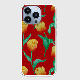 Чехол для iPhone 13 Pro с принтом Тюльпаны на красном фоне в Курске,  |  | 8 марта | flowers | summer | ботаническая иллюстрация | весна | желтый | зеленый | красный | лето | любовь | праздник | принт | природа | растения | тюльпаны | цветы