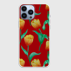 Чехол для iPhone 13 Pro Max с принтом Тюльпаны на красном фоне в Курске,  |  | 8 марта | flowers | summer | ботаническая иллюстрация | весна | желтый | зеленый | красный | лето | любовь | праздник | принт | природа | растения | тюльпаны | цветы