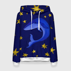Женская толстовка 3D с принтом Звездный кит в Курске, 100% полиэстер  | двухслойный капюшон со шнурком для регулировки, мягкие манжеты на рукавах и по низу толстовки, спереди карман-кенгуру с мягким внутренним слоем. | звезды | золотые | кит | ночное небо | синий | созвездие