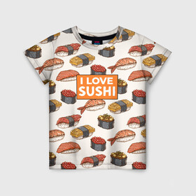 Детская футболка 3D с принтом I love sushi Я люблю суши в Курске, 100% гипоаллергенный полиэфир | прямой крой, круглый вырез горловины, длина до линии бедер, чуть спущенное плечо, ткань немного тянется | japan | japanese | виды суши | гункан | гунканы | икра | красная икра | красная рыба | креветка | лосось | маки | нигири | омлет | паттерн | ролл | роллы | сашими | суси | узор | фастфуд | форель | футомаки