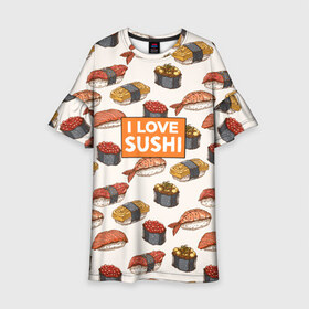 Детское платье 3D с принтом I love sushi Я люблю суши в Курске, 100% полиэстер | прямой силуэт, чуть расширенный к низу. Круглая горловина, на рукавах — воланы | japan | japanese | виды суши | гункан | гунканы | икра | красная икра | красная рыба | креветка | лосось | маки | нигири | омлет | паттерн | ролл | роллы | сашими | суси | узор | фастфуд | форель | футомаки