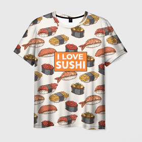 Мужская футболка 3D с принтом I love sushi Я люблю суши в Курске, 100% полиэфир | прямой крой, круглый вырез горловины, длина до линии бедер | Тематика изображения на принте: japan | japanese | виды суши | гункан | гунканы | икра | красная икра | красная рыба | креветка | лосось | маки | нигири | омлет | паттерн | ролл | роллы | сашими | суси | узор | фастфуд | форель | футомаки
