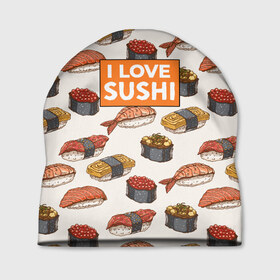 Шапка 3D с принтом I love sushi Я люблю суши в Курске, 100% полиэстер | универсальный размер, печать по всей поверхности изделия | japan | japanese | виды суши | гункан | гунканы | икра | красная икра | красная рыба | креветка | лосось | маки | нигири | омлет | паттерн | ролл | роллы | сашими | суси | узор | фастфуд | форель | футомаки