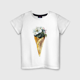 Детская футболка хлопок с принтом Мороженко в Курске, 100% хлопок | круглый вырез горловины, полуприлегающий силуэт, длина до линии бедер | акварель | букет | мороженое | цветы