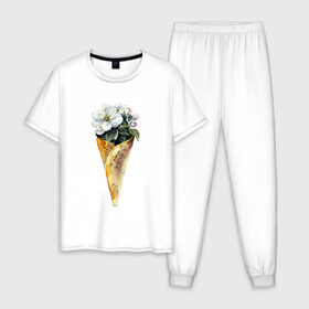 Мужская пижама хлопок с принтом Мороженко в Курске, 100% хлопок | брюки и футболка прямого кроя, без карманов, на брюках мягкая резинка на поясе и по низу штанин
 | Тематика изображения на принте: акварель | букет | мороженое | цветы