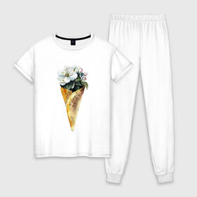 Женская пижама хлопок с принтом Мороженко в Курске, 100% хлопок | брюки и футболка прямого кроя, без карманов, на брюках мягкая резинка на поясе и по низу штанин | акварель | букет | мороженое | цветы