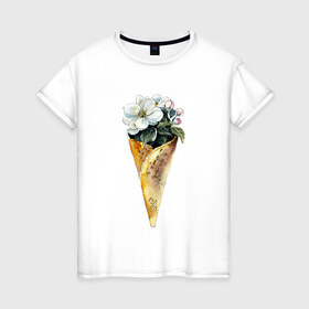 Женская футболка хлопок с принтом Мороженко в Курске, 100% хлопок | прямой крой, круглый вырез горловины, длина до линии бедер, слегка спущенное плечо | акварель | букет | мороженое | цветы