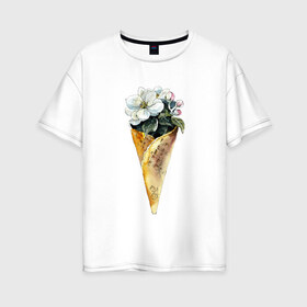 Женская футболка хлопок Oversize с принтом Мороженко в Курске, 100% хлопок | свободный крой, круглый ворот, спущенный рукав, длина до линии бедер
 | акварель | букет | мороженое | цветы