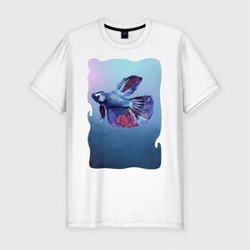 Мужская футболка хлопок Slim с принтом Рыбка в Курске, 92% хлопок, 8% лайкра | приталенный силуэт, круглый вырез ворота, длина до линии бедра, короткий рукав | tegunvteg | акварель | аквариумнаярыбка | вода | петушок | рыбка