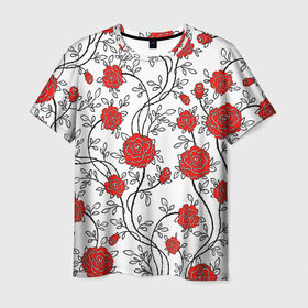 Мужская футболка 3D с принтом Цветы в Курске, 100% полиэфир | прямой крой, круглый вырез горловины, длина до линии бедер | flowers | roses | white | букет | китайский | листья | орнамент | паттерн | растения | розы | текстуры | узор | цветы