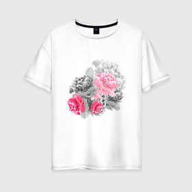 Женская футболка хлопок Oversize с принтом Букет в Курске, 100% хлопок | свободный крой, круглый ворот, спущенный рукав, длина до линии бедер
 | акварель | девушка | нежность | пионы | цветы