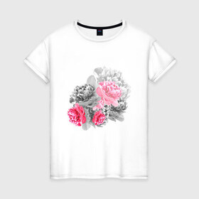 Женская футболка хлопок с принтом Букет в Курске, 100% хлопок | прямой крой, круглый вырез горловины, длина до линии бедер, слегка спущенное плечо | акварель | девушка | нежность | пионы | цветы