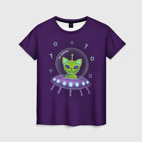 Женская футболка 3D с принтом Инопланетный кот НЛО в Курске, 100% полиэфир ( синтетическое хлопкоподобное полотно) | прямой крой, круглый вырез горловины, длина до линии бедер | neon | space | вселенная | звезды | зеленые человечки | инопланетяне | космос | кот | неон | нло | огни | тарелка