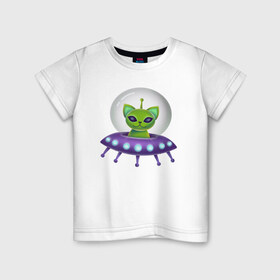 Детская футболка хлопок с принтом Инопланетный кот в Курске, 100% хлопок | круглый вырез горловины, полуприлегающий силуэт, длина до линии бедер | neon | space | вселенная | звезды | зеленые человечки | инопланетяне | космос | кот | неон | нло | огни | тарелка