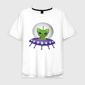 Мужская футболка хлопок Oversize с принтом Инопланетный кот в Курске, 100% хлопок | свободный крой, круглый ворот, “спинка” длиннее передней части | Тематика изображения на принте: neon | space | вселенная | звезды | зеленые человечки | инопланетяне | космос | кот | неон | нло | огни | тарелка