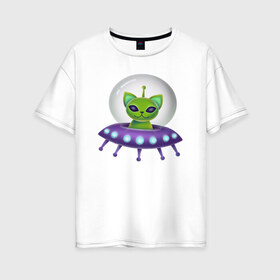 Женская футболка хлопок Oversize с принтом Инопланетный кот в Курске, 100% хлопок | свободный крой, круглый ворот, спущенный рукав, длина до линии бедер
 | neon | space | вселенная | звезды | зеленые человечки | инопланетяне | космос | кот | неон | нло | огни | тарелка