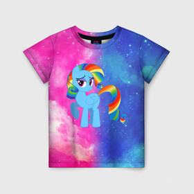Детская футболка 3D с принтом Радуга Дэш в Курске, 100% гипоаллергенный полиэфир | прямой крой, круглый вырез горловины, длина до линии бедер, чуть спущенное плечо, ткань немного тянется | Тематика изображения на принте: baby | girl | horse | kawaii | luna | my little pony | princess | rainbow | rainbow dash | девочкам | девочки | детям | единорог | животные | кавайный | конь | лошадь | луна | малыш | облака | пегас | пинки пай | пони | радуга дэш
