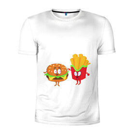 Мужская футболка 3D спортивная с принтом Бургер и картошечка в Курске, 100% полиэстер с улучшенными характеристиками | приталенный силуэт, круглая горловина, широкие плечи, сужается к линии бедра | Тематика изображения на принте: 