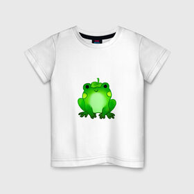 Детская футболка хлопок с принтом Жаба с листиком в Курске, 100% хлопок | круглый вырез горловины, полуприлегающий силуэт, длина до линии бедер | Тематика изображения на принте: жаба | зеленая | лягуха | лягушка | милая | с листочком