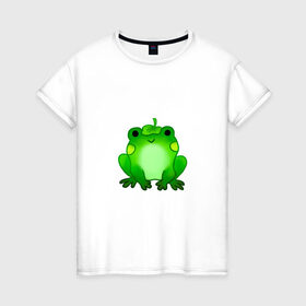 Женская футболка хлопок с принтом Жаба с листиком в Курске, 100% хлопок | прямой крой, круглый вырез горловины, длина до линии бедер, слегка спущенное плечо | Тематика изображения на принте: жаба | зеленая | лягуха | лягушка | милая | с листочком