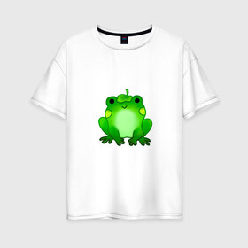 Женская футболка хлопок Oversize с принтом Жаба с листиком в Курске, 100% хлопок | свободный крой, круглый ворот, спущенный рукав, длина до линии бедер
 | жаба | зеленая | лягуха | лягушка | милая | с листочком