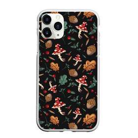 Чехол для iPhone 11 Pro матовый с принтом Лесной принт с мухоморами в Курске, Силикон |  | Тематика изображения на принте: грибы | желуди | лесной | листья | мухоморы | узор | черный