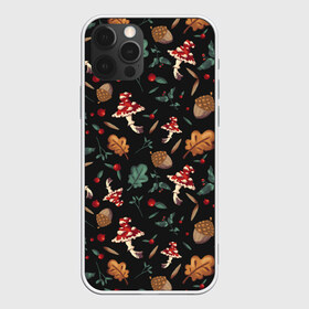 Чехол для iPhone 12 Pro Max с принтом Лесной принт с мухоморами в Курске, Силикон |  | грибы | желуди | лесной | листья | мухоморы | узор | черный