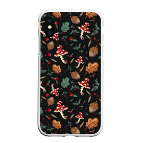 Чехол для iPhone XS Max матовый с принтом Лесной принт с мухоморами в Курске, Силикон | Область печати: задняя сторона чехла, без боковых панелей | грибы | желуди | лесной | листья | мухоморы | узор | черный