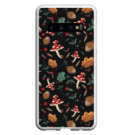 Чехол для Samsung Galaxy S10 с принтом Лесной принт с мухоморами в Курске, Силикон | Область печати: задняя сторона чехла, без боковых панелей | Тематика изображения на принте: грибы | желуди | лесной | листья | мухоморы | узор | черный
