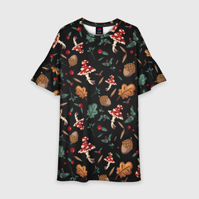 Детское платье 3D с принтом Лесной принт с мухоморами в Курске, 100% полиэстер | прямой силуэт, чуть расширенный к низу. Круглая горловина, на рукавах — воланы | грибы | желуди | лесной | листья | мухоморы | узор | черный