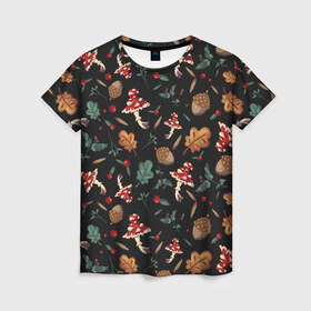 Женская футболка 3D с принтом Лесной принт с мухоморами в Курске, 100% полиэфир ( синтетическое хлопкоподобное полотно) | прямой крой, круглый вырез горловины, длина до линии бедер | грибы | желуди | лесной | листья | мухоморы | узор | черный