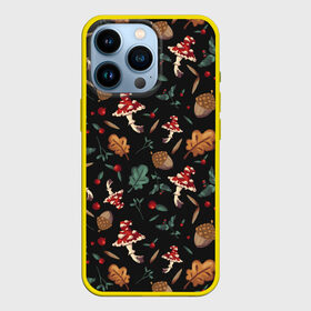 Чехол для iPhone 13 Pro с принтом Лесной принт с мухоморами в Курске,  |  | грибы | желуди | лесной | листья | мухоморы | узор | черный
