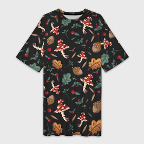 Платье-футболка 3D с принтом Лесной принт с мухоморами в Курске,  |  | грибы | желуди | лесной | листья | мухоморы | узор | черный