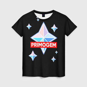 Женская футболка 3D с принтом PRIMOGEM в Курске, 100% полиэфир ( синтетическое хлопкоподобное полотно) | прямой крой, круглый вырез горловины, длина до линии бедер | genshin | genshin impact | legendary | primogem | roll | геншин | геншин импакт | молитва | примогем | хочу верить