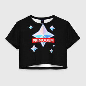 Женская футболка Crop-top 3D с принтом PRIMOGEM в Курске, 100% полиэстер | круглая горловина, длина футболки до линии талии, рукава с отворотами | genshin | genshin impact | legendary | primogem | roll | геншин | геншин импакт | молитва | примогем | хочу верить
