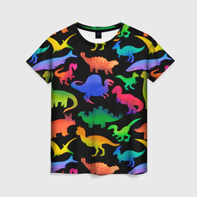 Женская футболка 3D с принтом Яркие динозавры в Курске, 100% полиэфир ( синтетическое хлопкоподобное полотно) | прямой крой, круглый вырез горловины, длина до линии бедер | дино | динозавры | диносы | разноцветные | хищные | цветные | юрский период