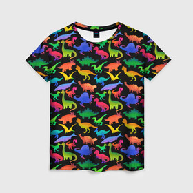 Женская футболка 3D с принтом Яркие динозавры в Курске, 100% полиэфир ( синтетическое хлопкоподобное полотно) | прямой крой, круглый вырез горловины, длина до линии бедер | дино | динозавры | диносы | разноцветные | хищные | цветные | юрский период